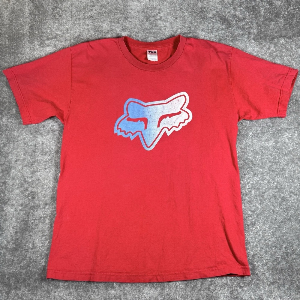 Y2K Fox Logo TND T-Shirt Men's Large Red Faded Distressed Short Sleeve Crew Neck